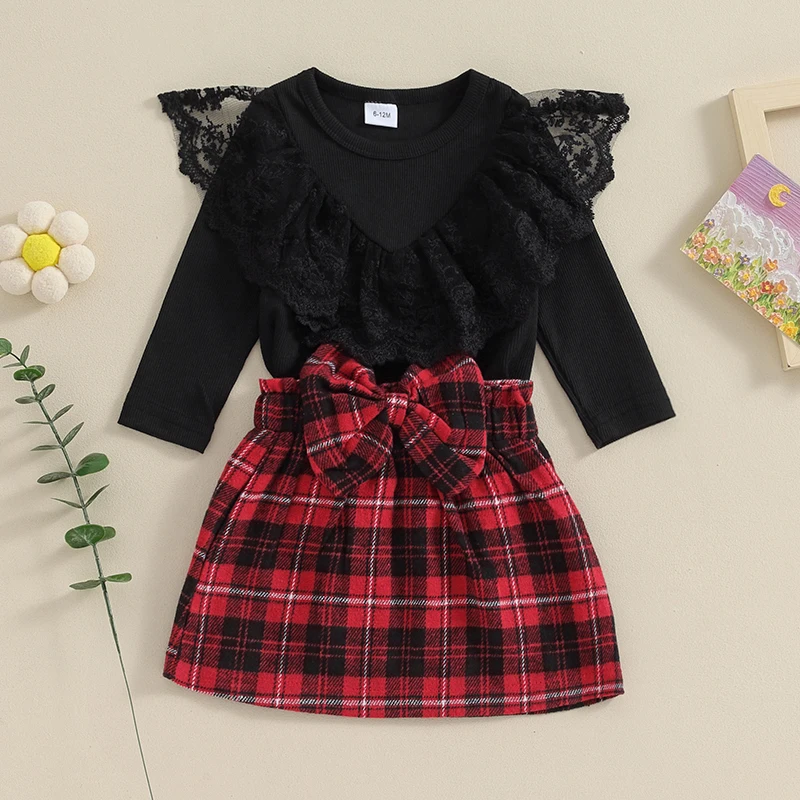 

Комплект из 2 предметов для маленьких девочек, кружевной топ с оборками и длинным рукавом и клетчатая трапециевидная юбка с бантом, на осень