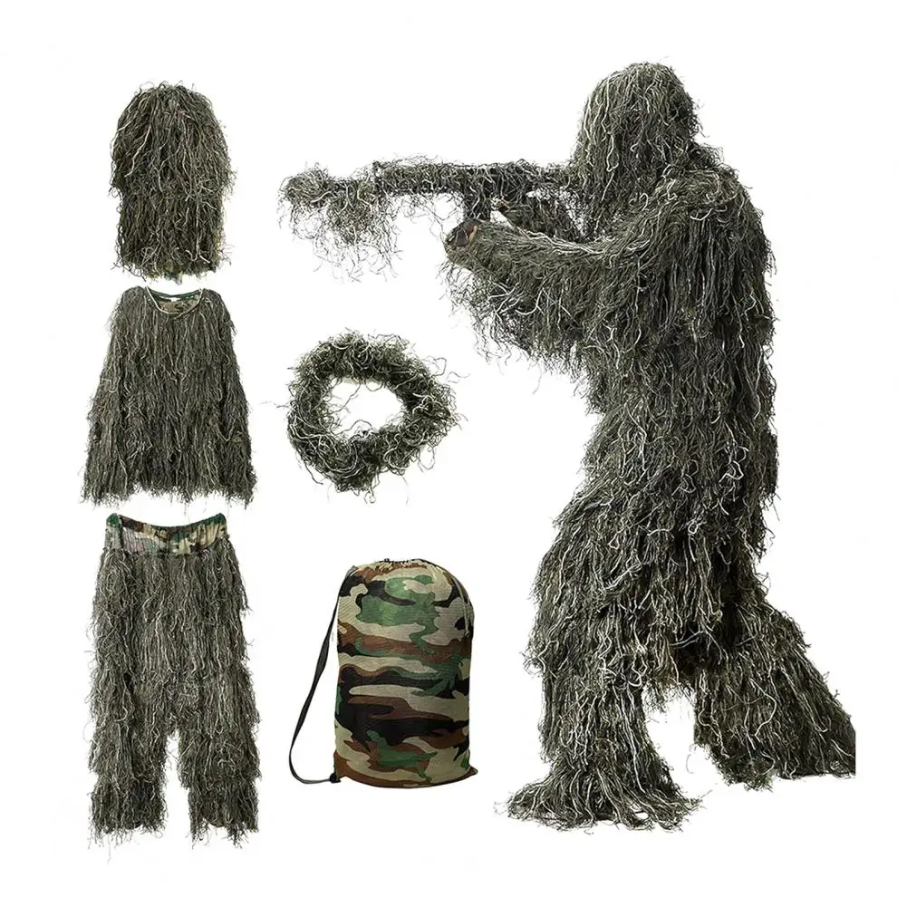 Forest Camouflage Clothing Woodland Camouflage Ghillie Suit Set for Youth Adults 5 Piece Hunting Apparel with Jacket Pants Hood