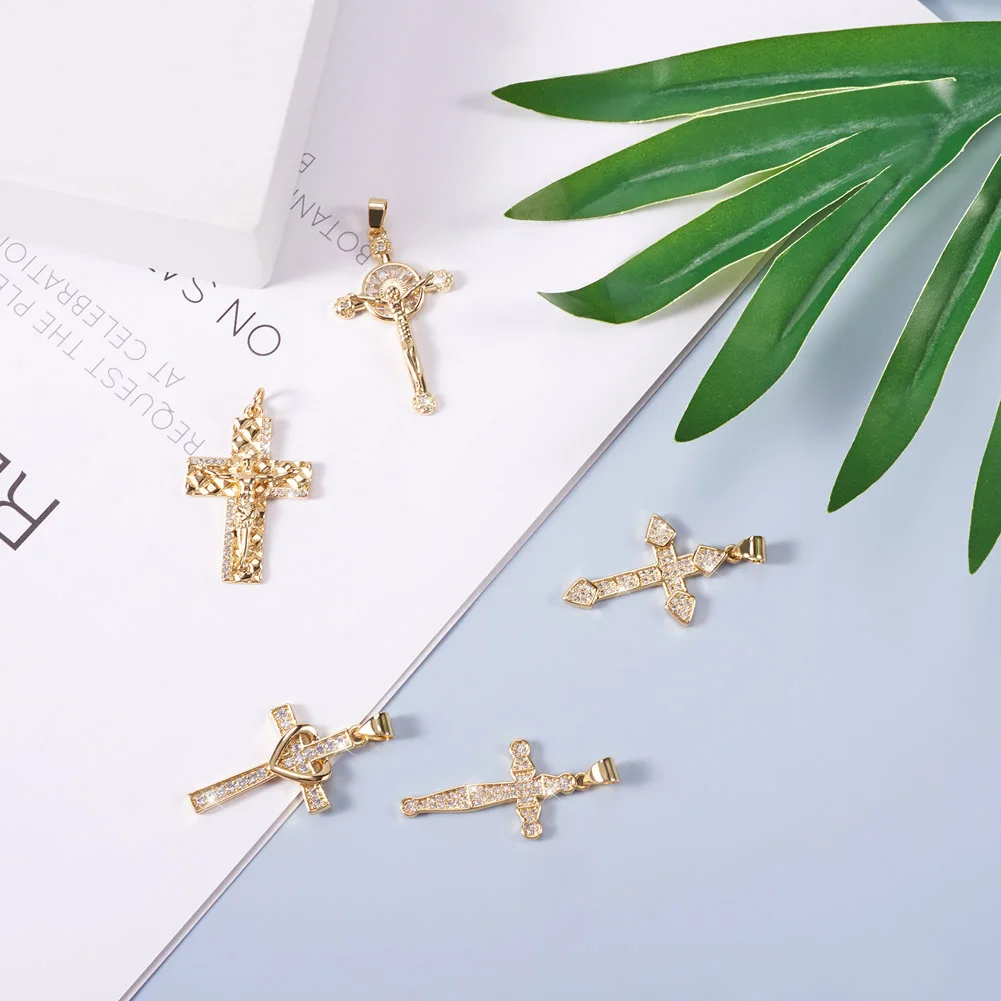 8Pcs Brass Cubic Zirconia Pendants Religion Theme Cross Charms For Jewelry Making Vintage Women Necklace Earring  Accessories