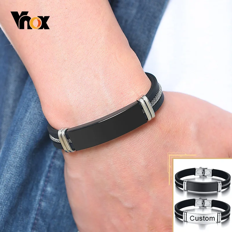 Vnox 12mm Customize Men's Bracelet Black Grooved Silicone Mesh Stainless Steel Insert Bangle Casual Personalized Male Wristband