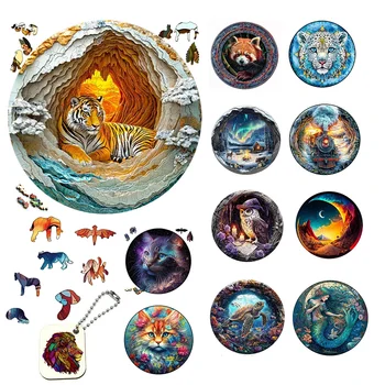 3D Vision Tiger Wooden Puzzles for Adults and Kids, Brightly Colored Unique Shaped Animal Wood Puzzles toys christmas gift 1