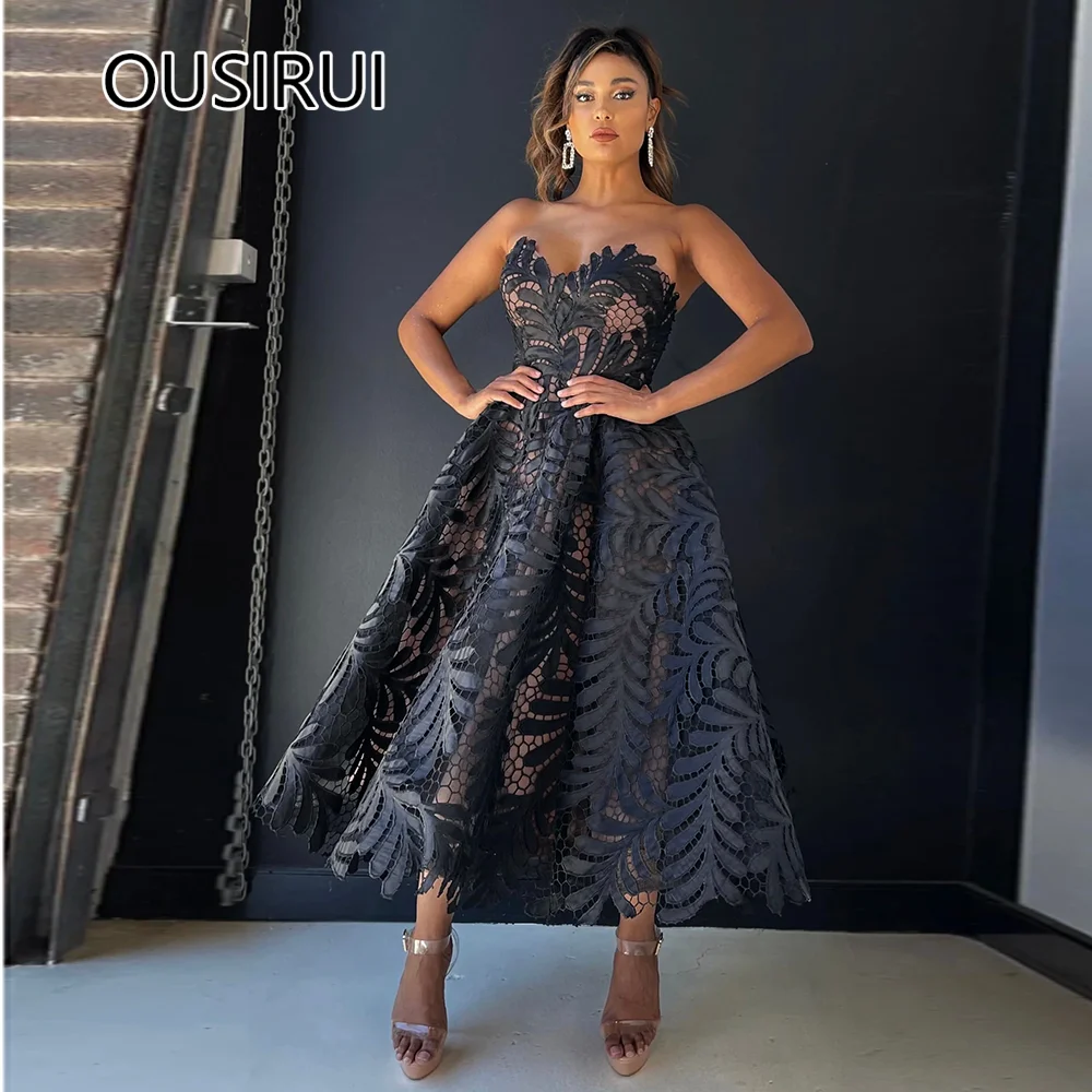 Princess Charming Sweetheart Collar Formal Evening Arabia Dresses A-line Tea-Length Open Back Prom Bridesmaid Gown with Lace