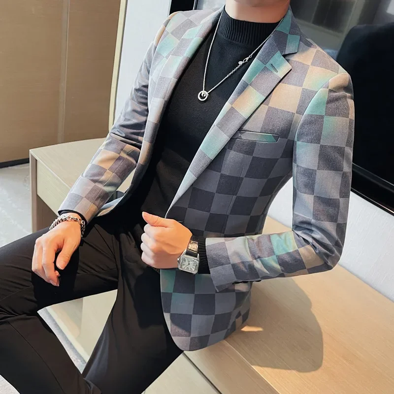 British Style Luxury Plaid Suit Jacket Spring New Men High-end Business Slim Blazers Groom Wedding Social Party Dress Coats