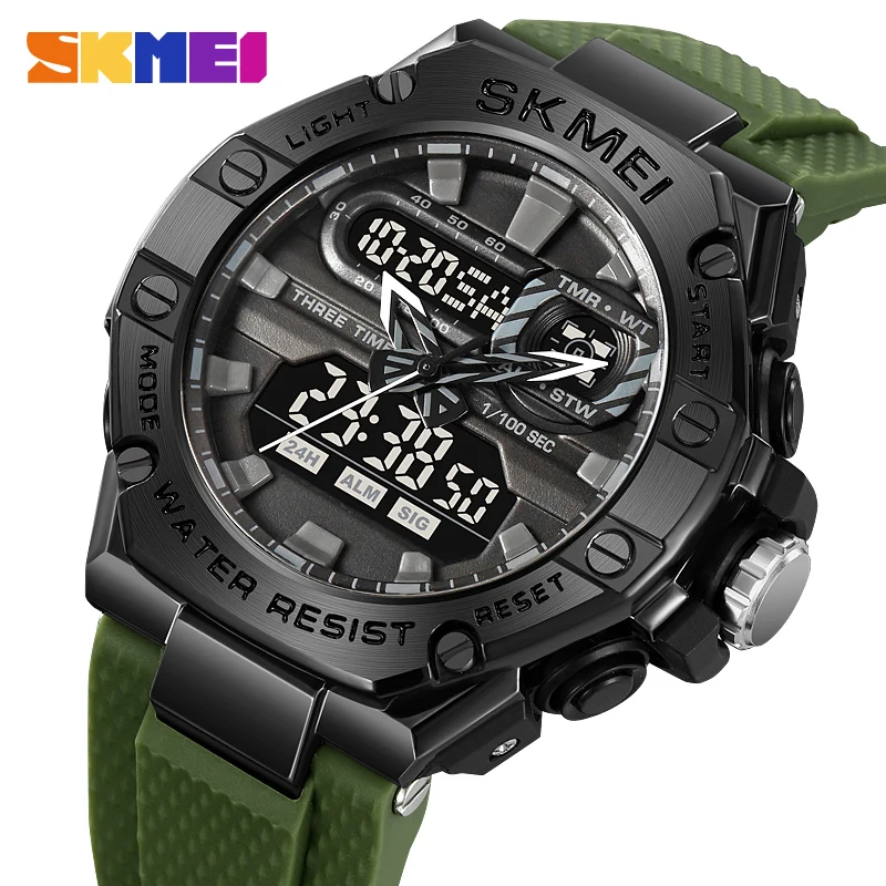 

SKMEI Digital Long Strap Green Body Genuine Electronic Men's Watch Three Time Stopwatch Countdown 24 Hours 2221