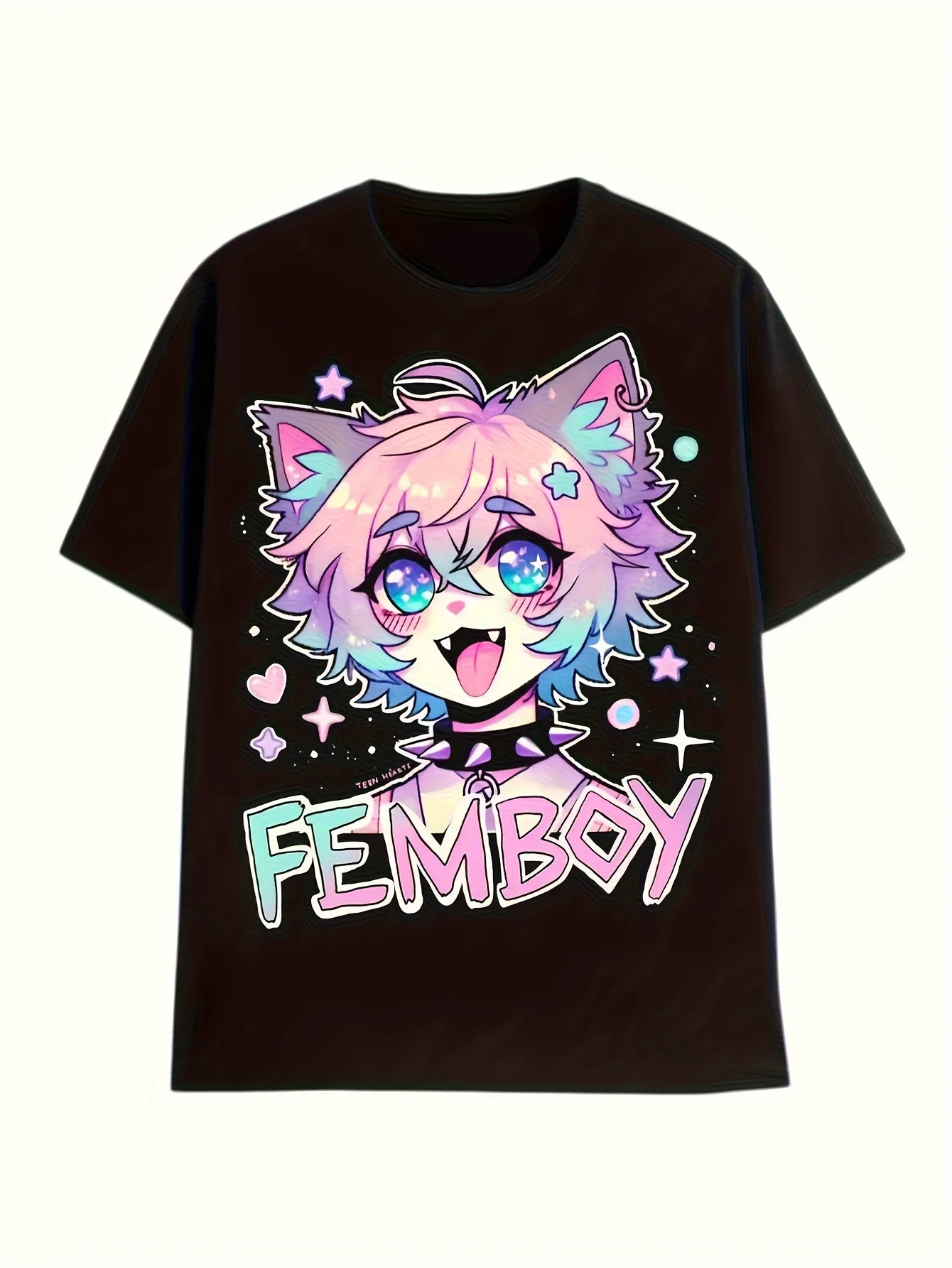 Women's FEMBOY Cat Ears Characters Bold FEMBOY Anime Style Graphic Men T Shirt Streetwear Tee Oversize Summer Novelty Goth Y2K 1