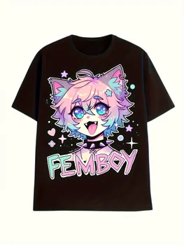 Women's FEMBOY Cat Ears Characters Bold FEMBOY Anime Style Graphic Men T Shirt Streetwear Tee Oversize Summer Novelty Goth Y2K 1