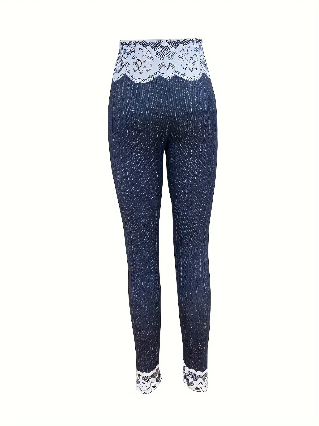 Women's Elegant and Fashionable Floral Print Faux Denim Leggings, Stylish Basic Layer Pants 2