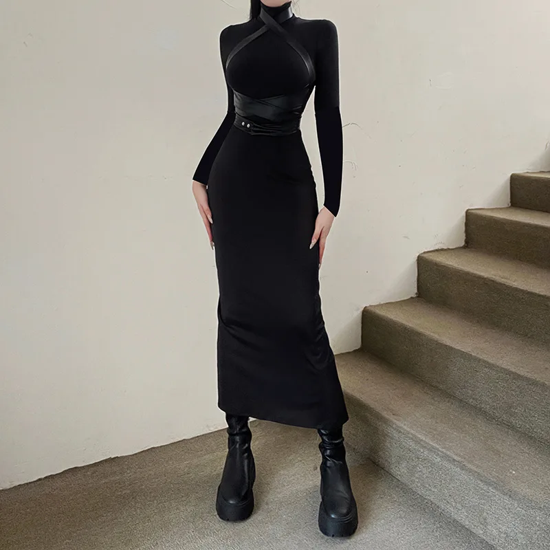 

Zabrina New Women Sexy Long Dress Bodycon Turtleneck Full Sleeve Back Split Functional Kusha Dress Y2K Streetwear Party Club