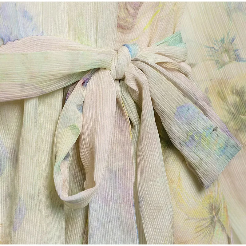 Elegantes Chiffon-Kleid mit Blumendruck, Spitze, V-Ausschnitt, lange Ärmel, Gürtel an der Taille, gestufter Rüschensaum, Vintage-Casual-Outfit für den täglichen Urlaub – Detail 10