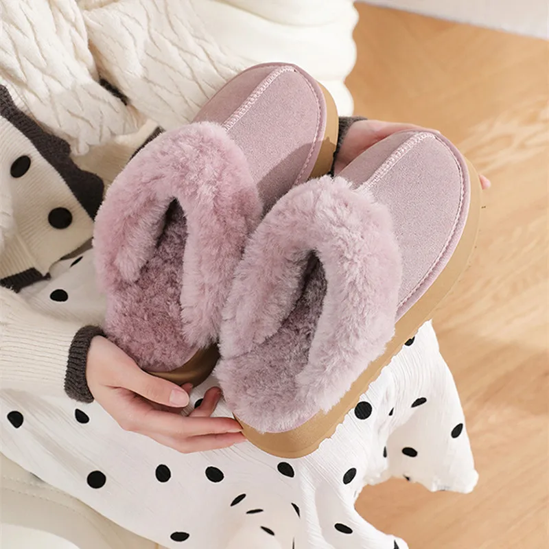 

2022 Womens Slipper Winter Snow Boots Non-slip Leather Real Wool Fur Warm Ladies Home Natural Fur Solid Flat Fashion Shoes