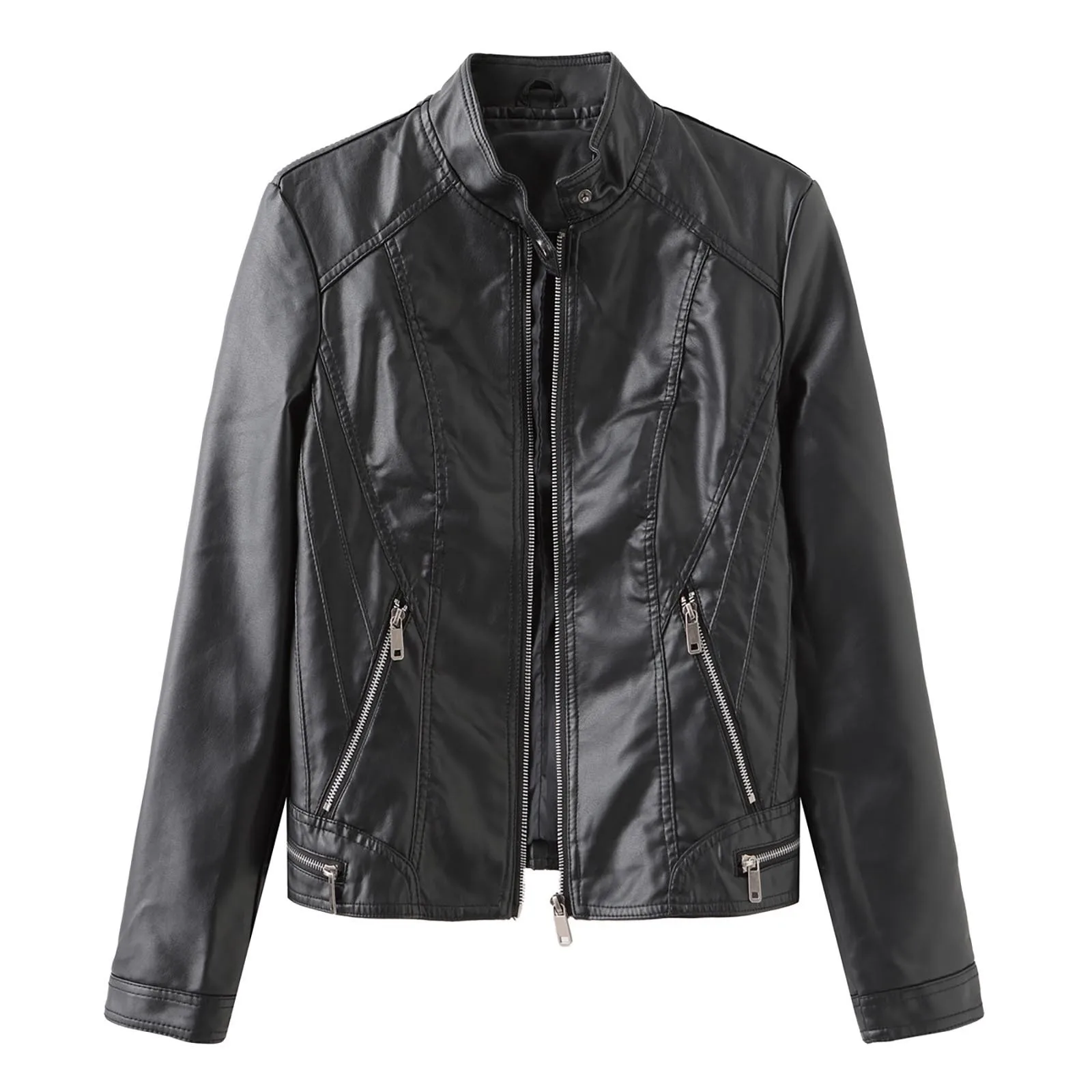 

Women's Fashion Street Hipster Spring Fall Thin Stand Collar Solid Color Zipper Double Pocket Jacket Casual Leather Jacket