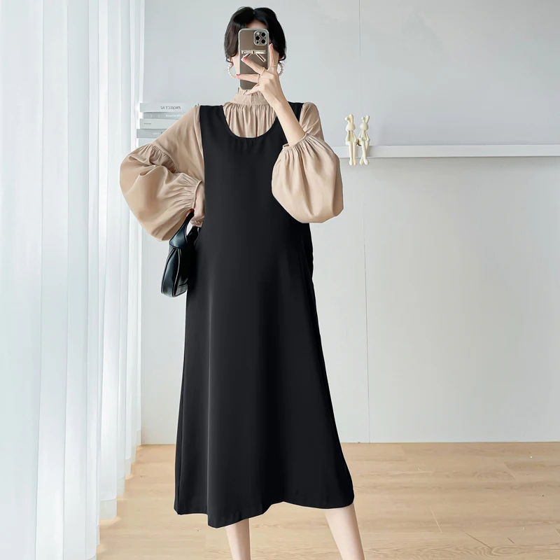 M54331# Top + Dress Maternity Clothes Lantern Sleeve Dress Women Suits Pragnancy Clothes 2Pcs Maternity Set