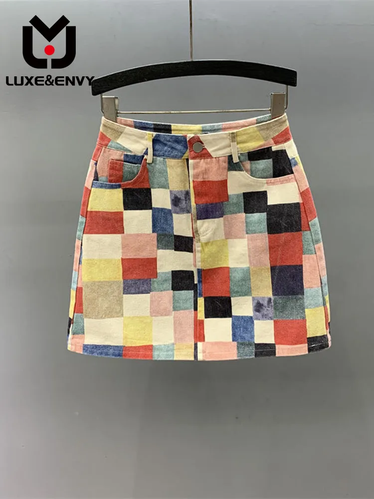 

LUXE&ENVY Colored Plaid Denim Skirt Women's 2023 Summer New Fashion High Waisted Slim A-line Wrap Hip Short Skirt