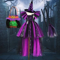 Disguise Witch Costume for Girls Halloween Tutu Trailing Dress Kids Carnival Cosplay Party Outfit Spider Web Design Mesh Clothes