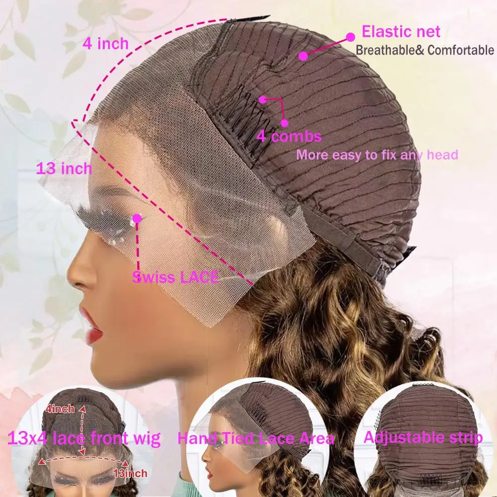 Highlight Ombre Lace Front Wig Human Hair 13x4 HD Honey Blonde 4/27 Deep Wave Lace Front Wigs Human Hair 200% Density 28 Inch