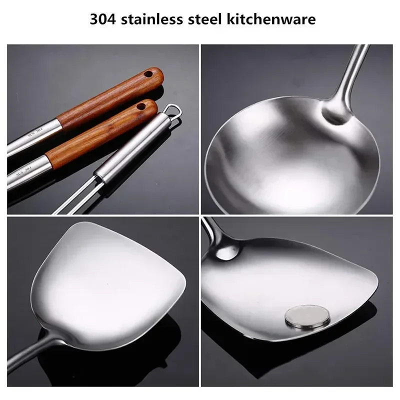 304 Stainless Steel Long Handle Wok Spatula, Spoon Colander, Kitchen Cooking Utensil Set, Safety Anti-Scalding, Does Not Rust