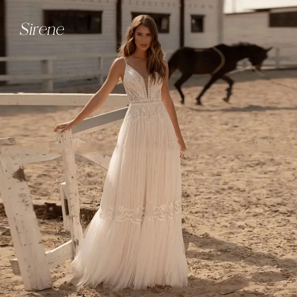 Sirene Vintage Lace Appliques Spaghetti Strap Tulle Bridal Gown V Neck A-Line Sleeveless Backless Wedding Dress Vestido De Noiva eightree white v neck wedding dress elegant lace applique beading tulle a line bridal dress backless boho princess wedding gown