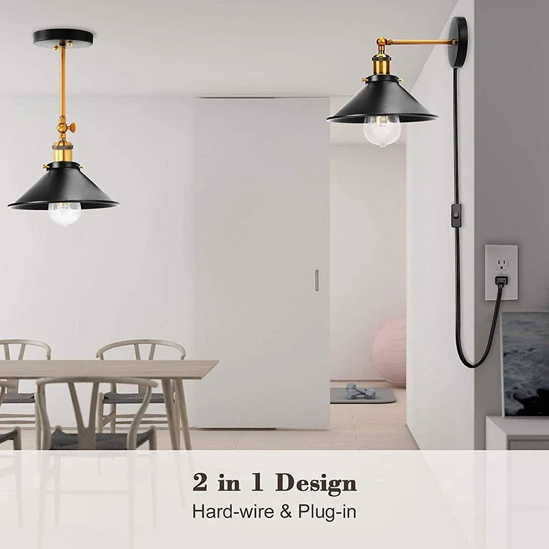 Wall Light Bedroom Living Room Plug 1.8m Cable Black Industrial Retro