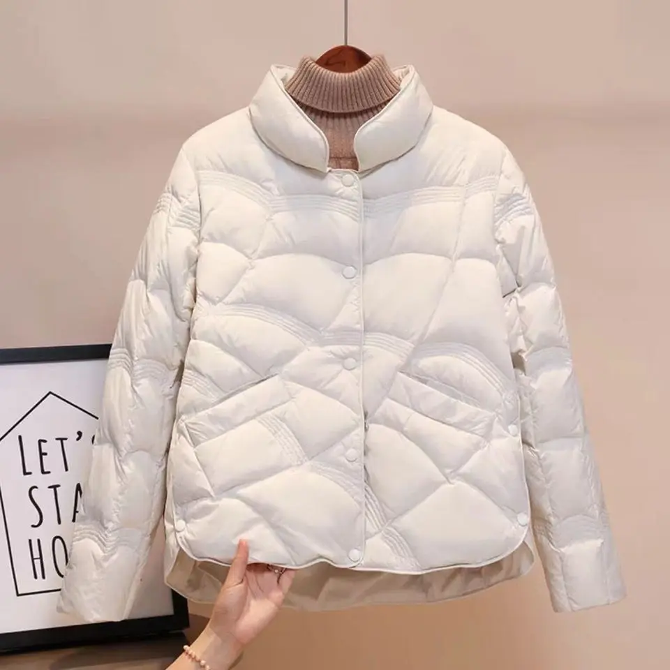 2024 New Korean Fashion Elegant Women Padded Cotton Coats Stand Collar Single Breasted Parkas Solid Long Sleeve Warm Jackets