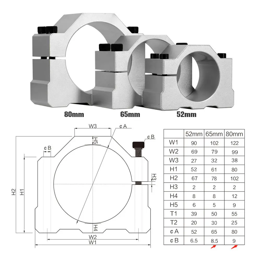Aluminium CNC Spindle Clamp Holder Inner Diameter 52mm 65mm 80mm Z Axis Router Mount Bracket 800W 1.5KW 2.2KW Spindle Fixture For Spindle Clamp Holder
