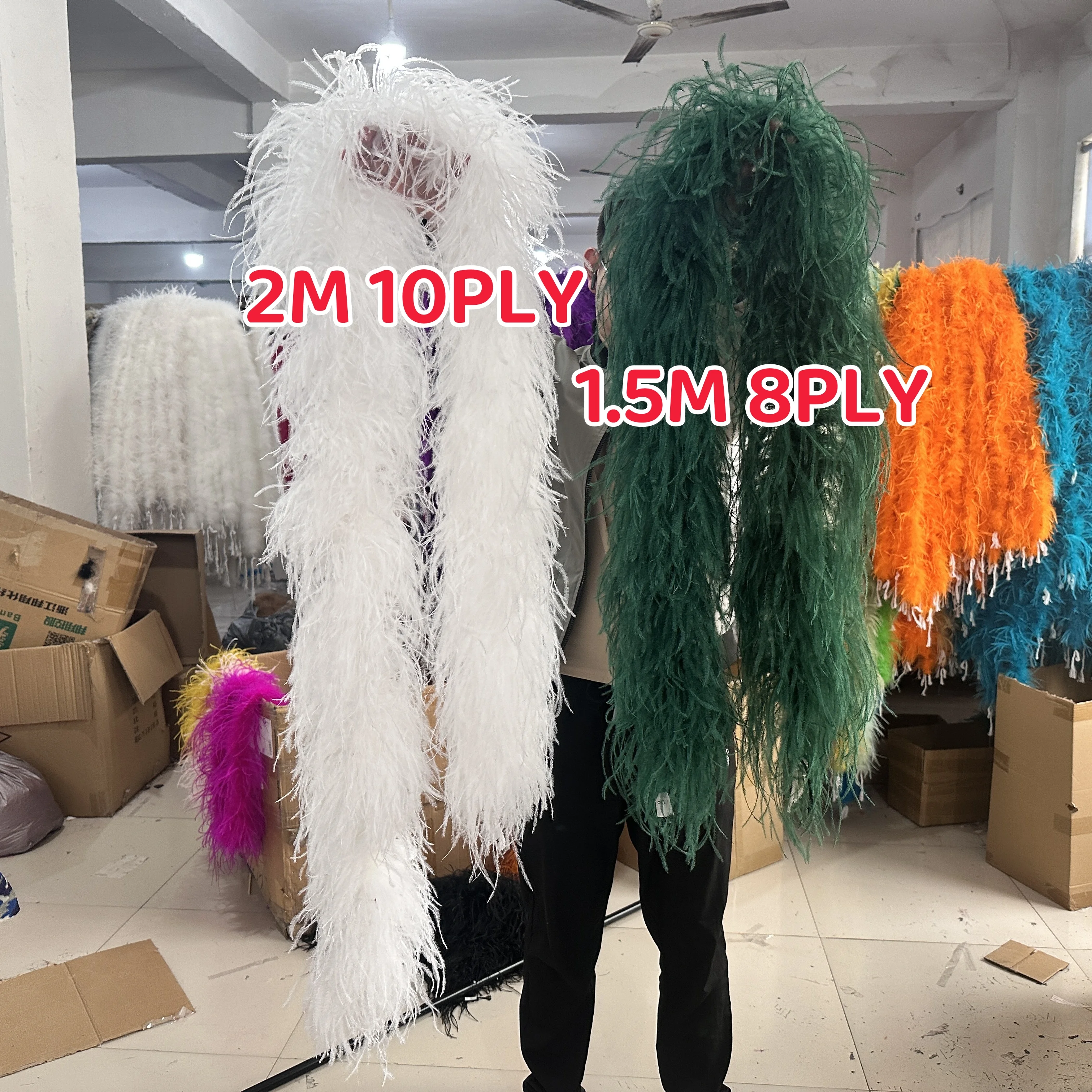 

Wholesale White Ostrich Feathers Boas 8PLY 10PLY Fluffy Plume Shawl Natural Ostrich Plume Decor Ribbon Dress Customized 1.5M 2M