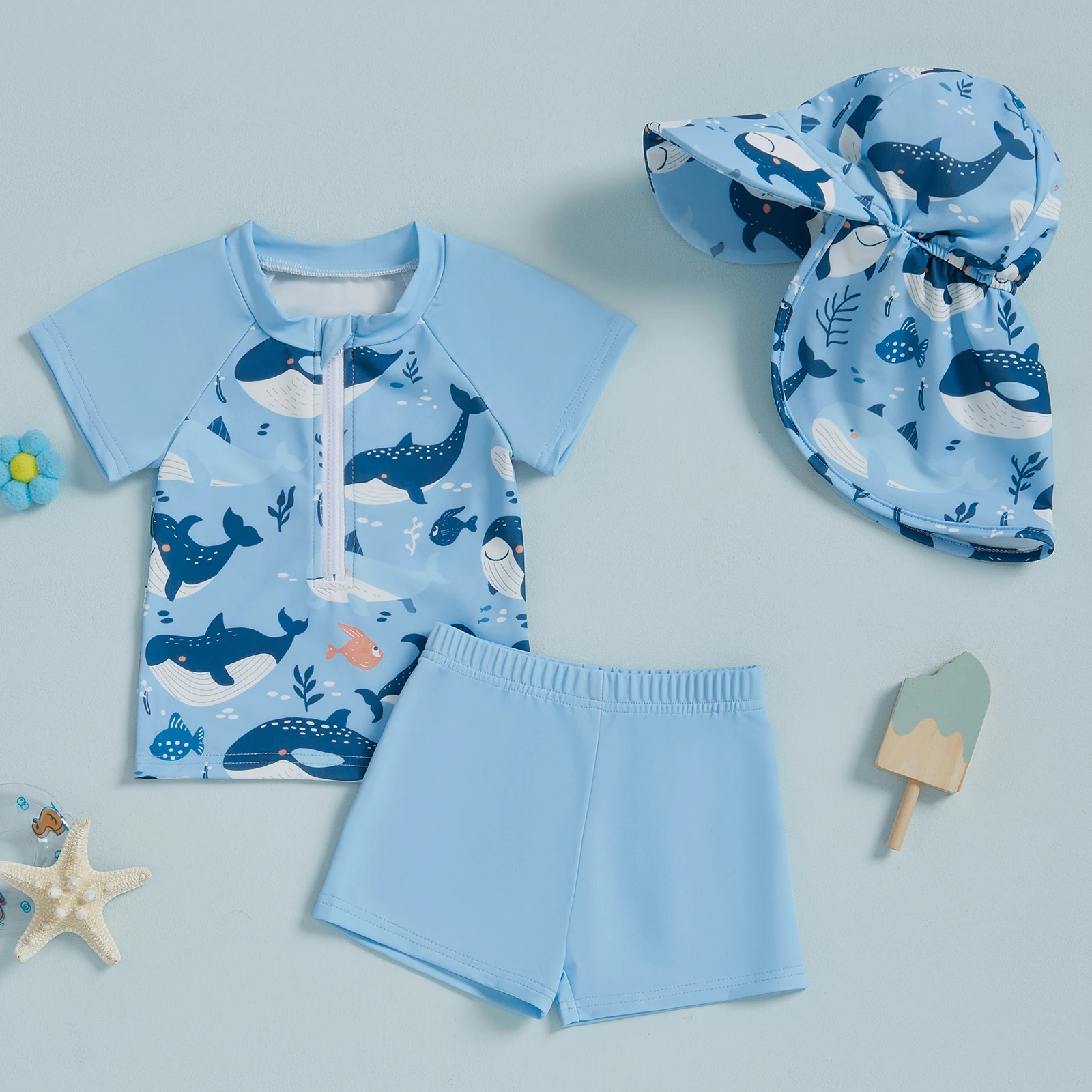 Summer Infant 3Piece Beachwear For Boys Girls Toddler UV Rash Guard with Swim Caps Short Sleeve Shark Print Shorts Swimwear