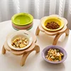 Cat Food Bowl with Wood Holder Stand Flower Shaped Ceramic Food Dish Water Bowl Cat Feeding Drinking Plates Multi Color 6