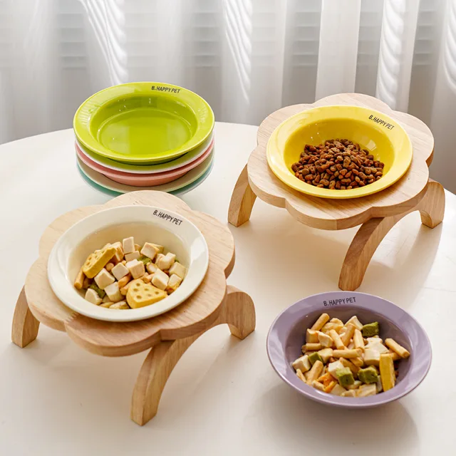 Cat Food Bowl with Wood Holder Stand Flower Shaped Ceramic Food Dish Water Bowl Cat Feeding Drinking Plates Multi Color 6