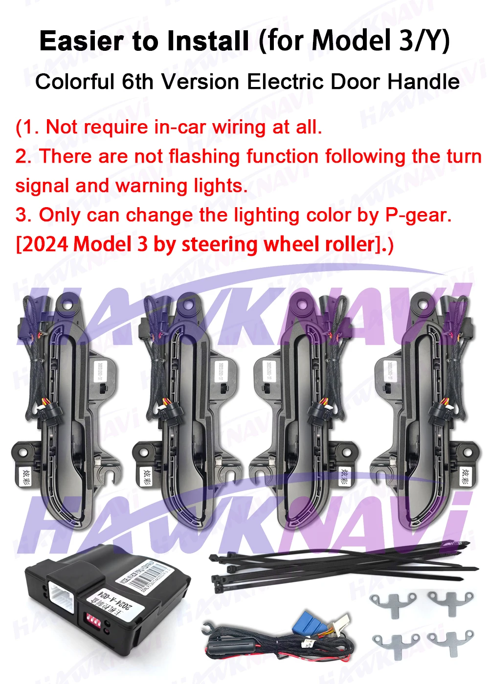 최신 6세대 무선 자동 도어 핸들 (테슬라 모델 Y 주니퍼 3 하이랜드 4도어용) 컬러풀 LED 라이트 포함