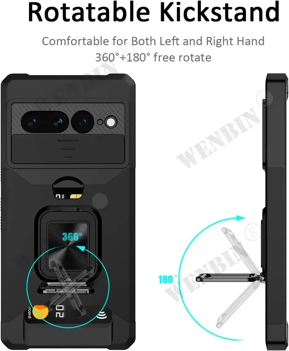 All-in-One Heavy Duty Protective Case with Sliding Camera Cover, Card Holder, and Magnetic Kickstand Ring for Ultimate Durability and Convenience
