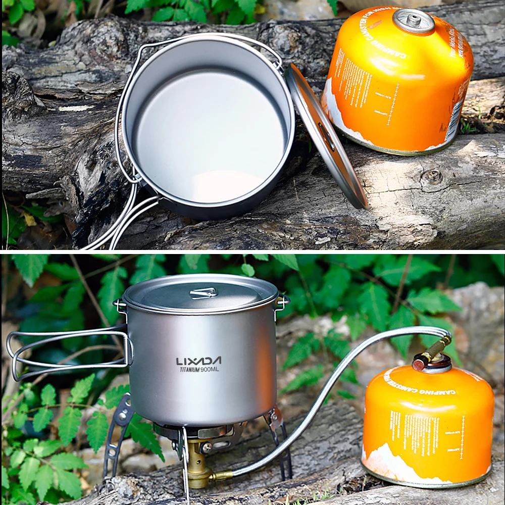 Lixada 750ml/900ml/1100ml Ultralight Titanium Pot Water Mug Cup with Lid and Foldable Handle Outdoor Camping Cooking Picnic