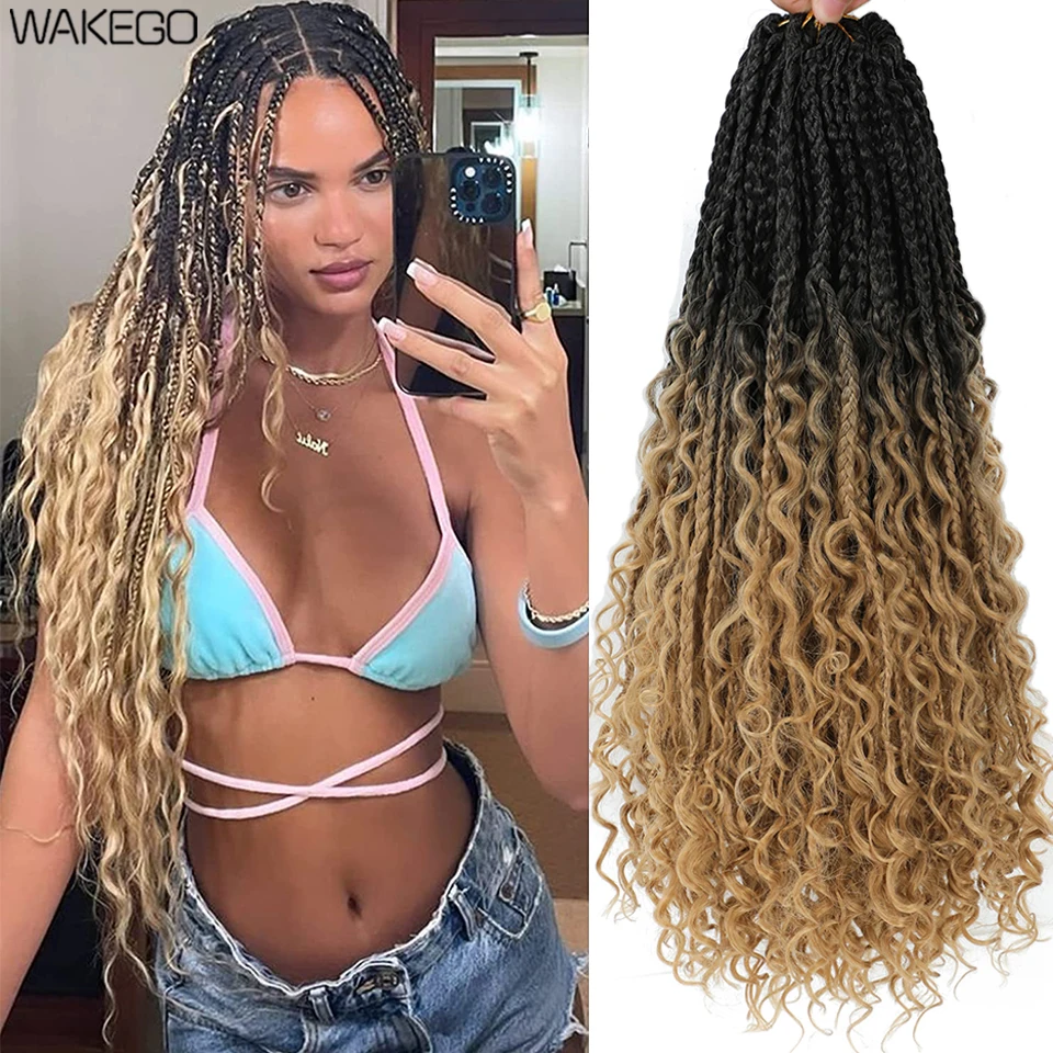 Wakego 18 Inch Bohemian Box Braiding Hair For Goddess Braids Burgundy  Blonde Messy Pre-looped Box Braids Crochet Hair Curly Ends - AliExpress