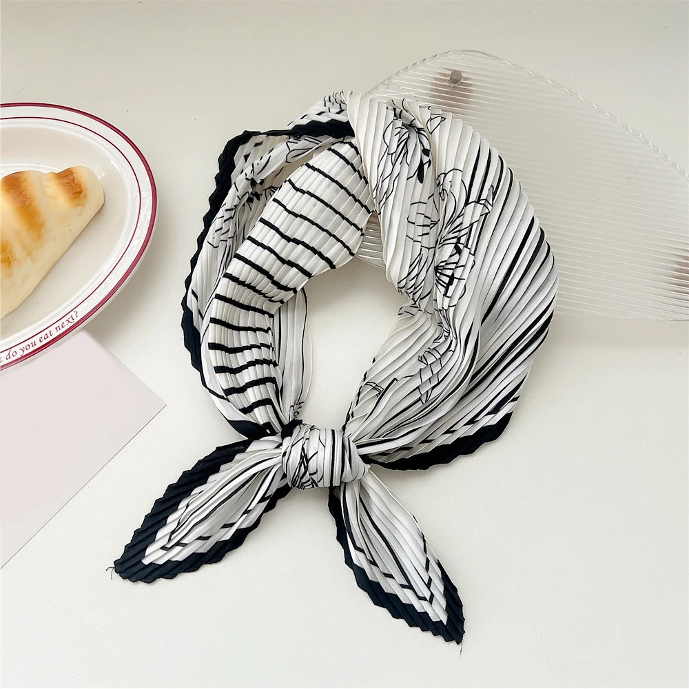 New Floral Print Pleated Silk Scarf Square Neck Scarves Crinkle Hair Bands Scarf Bandana Satin Hijab Head Wraps Neckerchief 2
