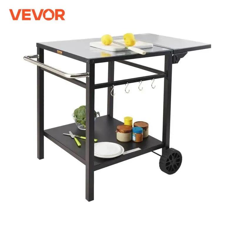 Dining Cart Table Double-Shelf BBQ Movable Food Prep Table Foldable Pizza Oven Stand Iron/stainless steel Top VEVOR