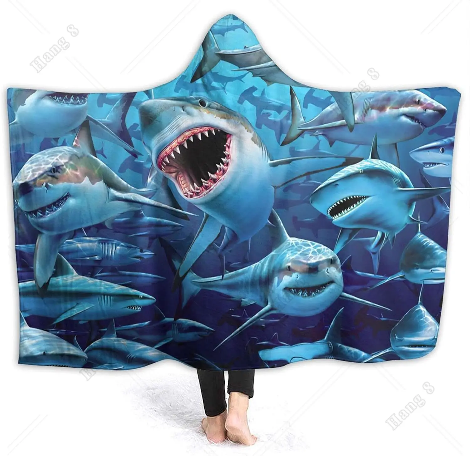 

Cartoon Funny Sharks Hoodie Blanket Wearable Throw Blankets for Couch Blanket Hooded for Kids Teens Men Women Christmas Gift