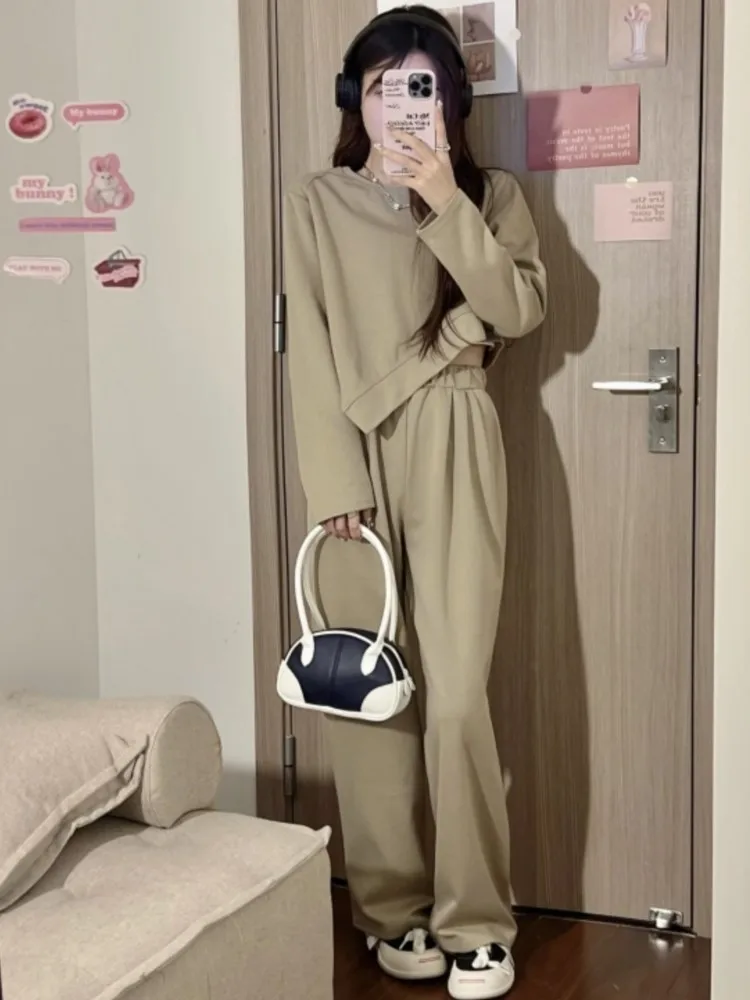 

2023 Fashion Women Hoodie 2 Pieces Set Casual Long Sleeve Short Top Lady Vintage Loose Pants Korean New Female Solid Suits