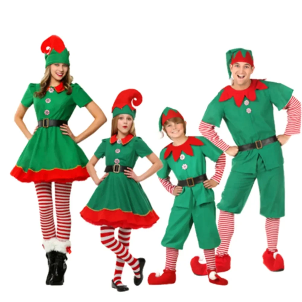 

Семейный Рождественский костюм Санта Клауса для девочек и мальчиков, зеленый эльф для косплея, карнавал, яркий новый год, необычный наряд 2023