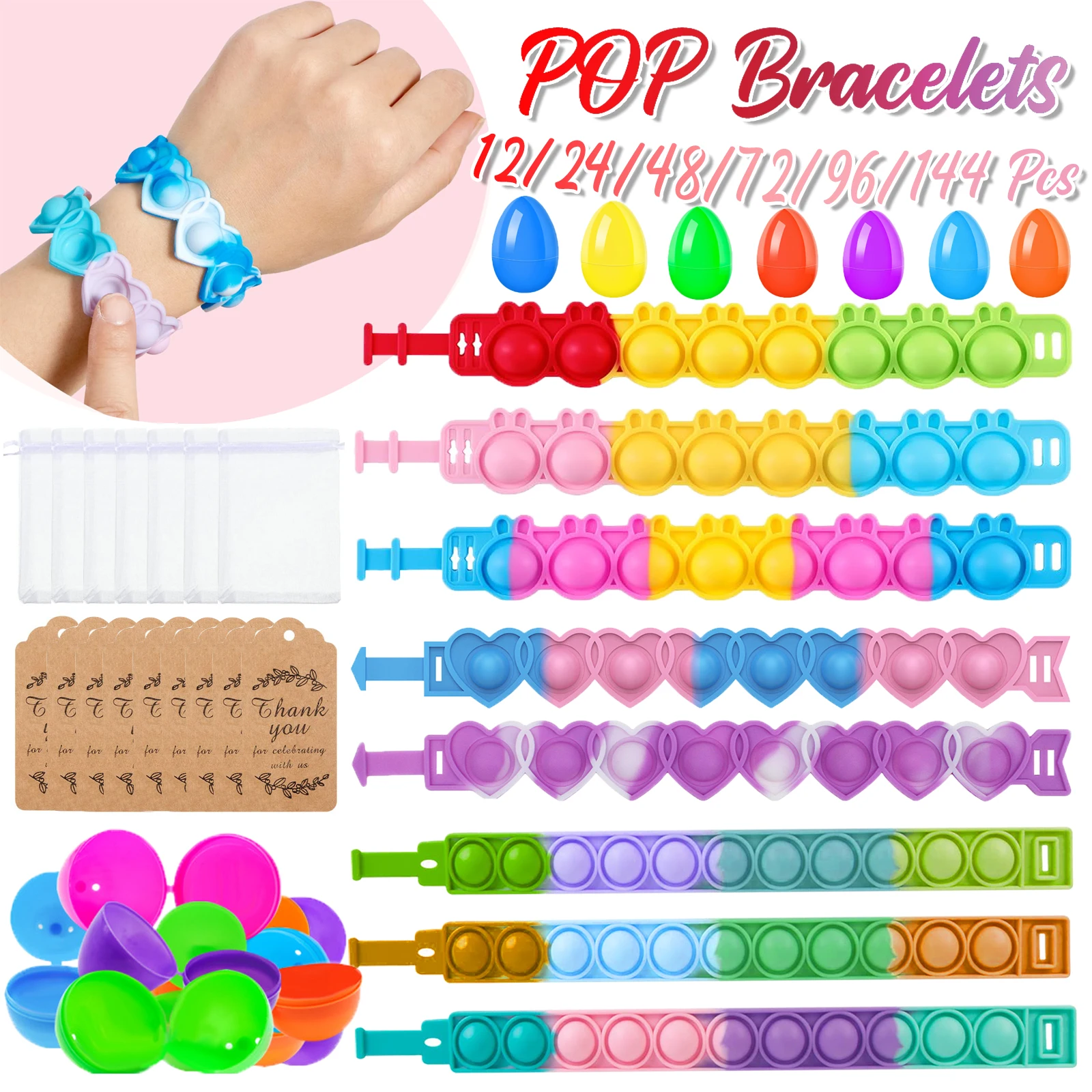 Fidget Toys 12-144Pcs Bunny Pop Bracelets Fidget Toy Rabbit Easter Day Gift for Kid Stress Relief Wristband Silicone Bracelet Birthday Favor