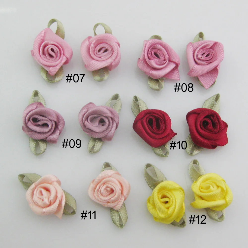 Vibrant Fabric Ribbon Rose Rosettes with Leaf - Set of 50 Flower Embellishments for DIY Crafts & Sewing Supplies