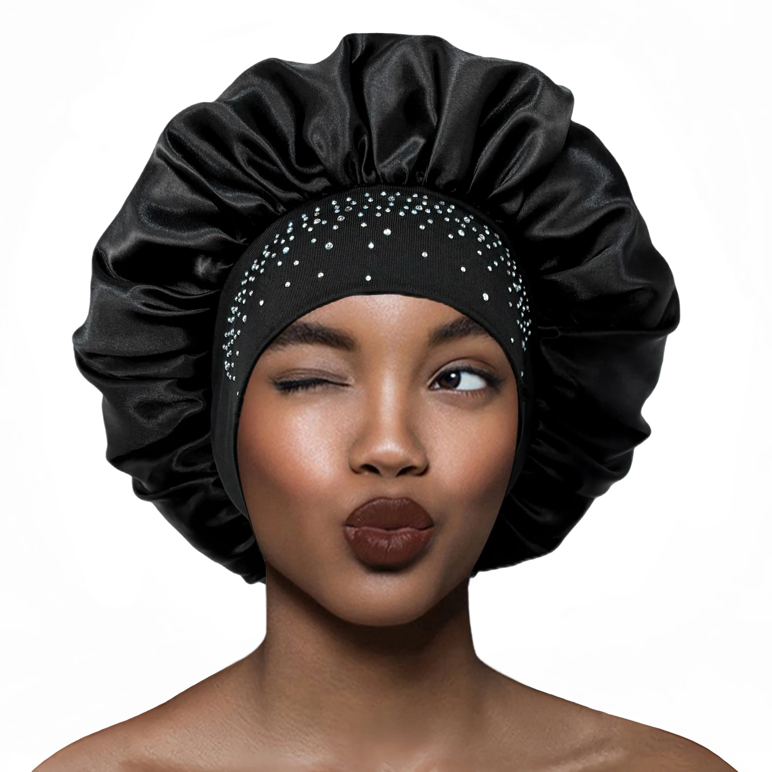 Newly Women Satin Night Sleep Cap Luxury Rhinestone Hair Bonnet Hat Shower Cap Bathroom Hair Accessories Turban Headwrap 6