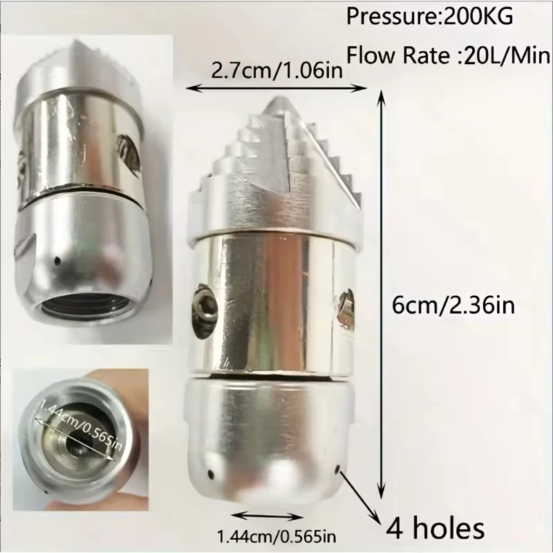 20L/분 회전식 고압 스테인리스 하수구 제트 노즐 청소팁 1/4 퀵 커넥터 파이프라인 준설용 물 분사기