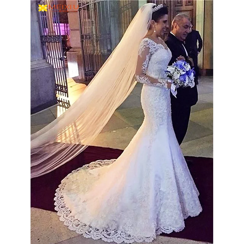 

Dreamlike Applique Long Sleeve Strapless Custom Wedding Dress Elegant Mermaid Princess Delicate Train Sparkly Lace Bridal