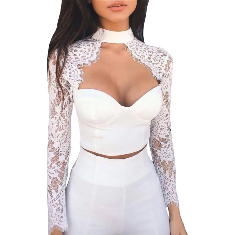 Women's Sexy Lace Patchwork Long Sleeve Crop Top