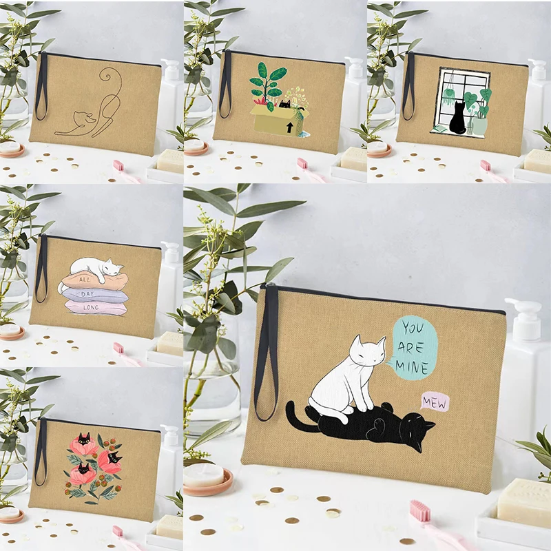 

Cute Cat Print Linen Makeup Bag Women Zipper Travel Cosmetics Case Multifunctional Toiletry Bag Stylish Lightweight Lipstick Bag