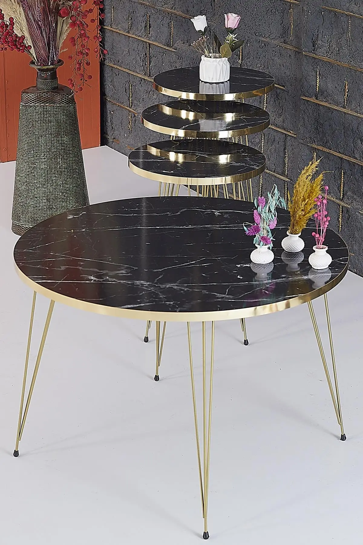 3 Pcs Zigon Medium Coffee Table Set Roundblack Marble As Mdf Gold
