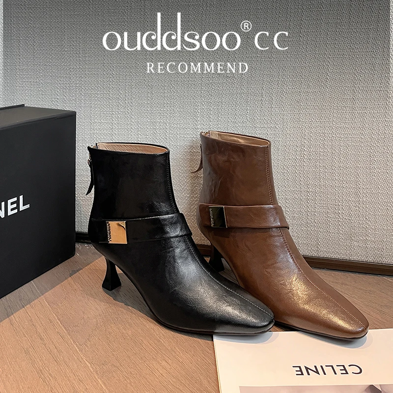 

ODS Elegant Ankle Boots Back Zip Dress Shoes On Sexy Heel Short Boots Pointed Toe Sheepskin Ladies French Style Shoeson Heel 40