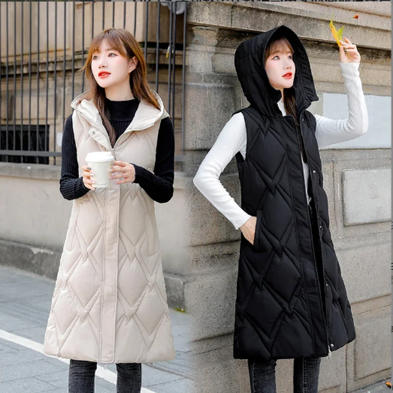2022 Women's Long Winter Coat Vest Hooded Sleeveless Thick Warm Down Coat Pockets Quilted Vest Female Down Jacket Oversized Vest