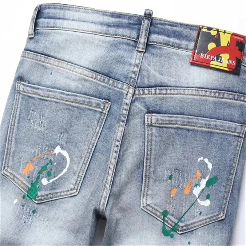 EH·MD® Painted Jeans Men's Splashing Ink And Holes Scraped Leg Pants Cotton High Elasticity Slim Fit Color Dots Trendy Youth 023