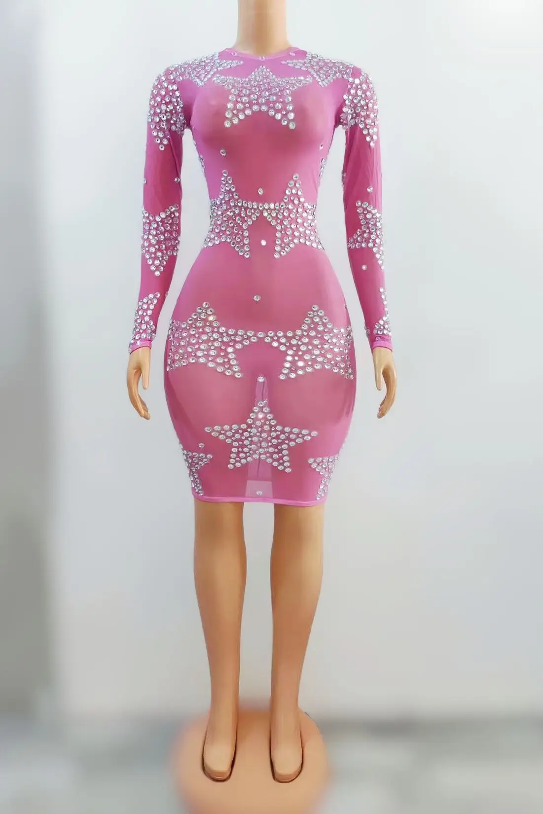 

Stars Pattern Silver Rhinestones MESH Dress Female Singer Dance Perspective Dress Birthday Celebrate Sexy Outfit xingxing