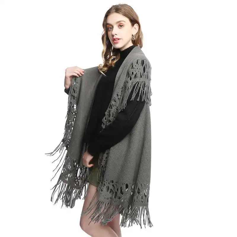 

Spring Autumn New Women Loose Tassel Sweater Multi-purpose Scarf Cardigan Thin Jacquard Shawl Coat Lady Cloak Gray